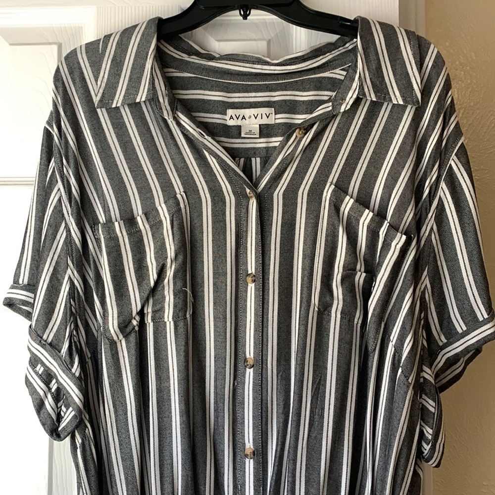 Gray and white striped dress with pockets; 3X